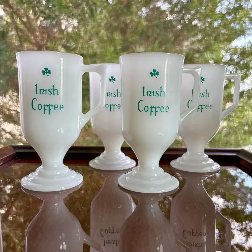Vintage Irish Coffee Milk Glass Mugs Set of 4 Gold Rim, St. Patrick's Day